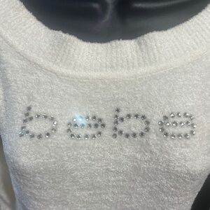 Bebe Sweater off the shoulder White Size L Rhinestones Logo Vintage EUC Baby fur